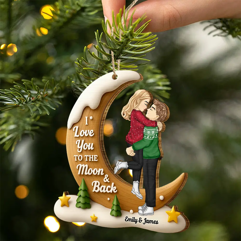 Gift For Couples, Christmas, Love - I Love You To The Moon And Back - Personalized Custom Shaped Wooden Ornament