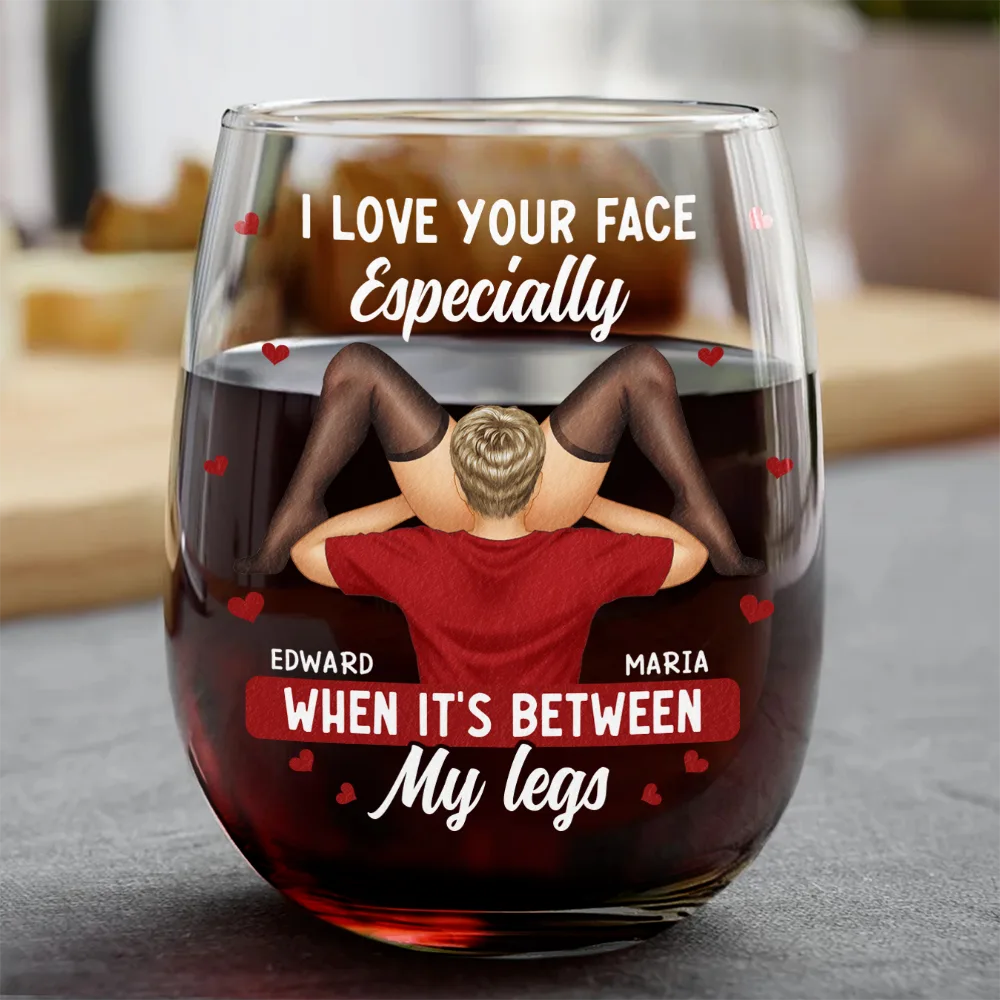 Gift For Couples,Old Couples,Gift For Husband,Gift For Wife,Gift For Boyfriend,Gift For Girlfriend,Custom Photo,Love - I Love Your Face Timber Couple - Personalized Stemless Wine Glass