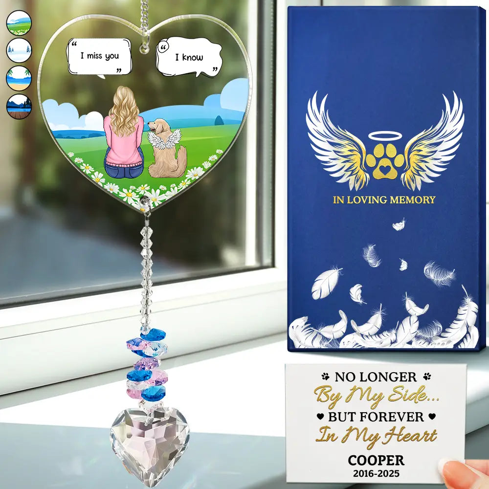 I Miss You I Know Dog Cat Memorial - Personalized Heart Crystal Suncatcher