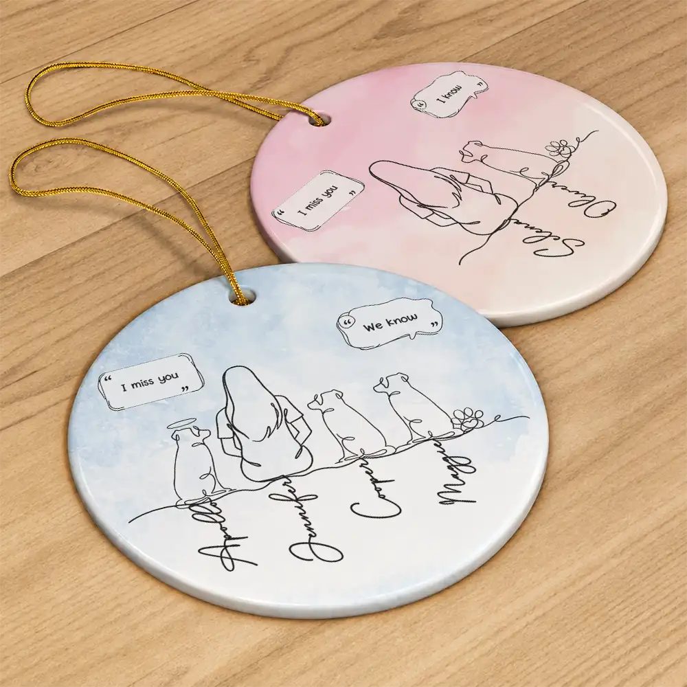 Sentimental,Christmas,Pet Lovers,Memorial,Vector - I Miss You Memorial Dog Cat Line Art - Personalized Circle Ceramic Ornament
