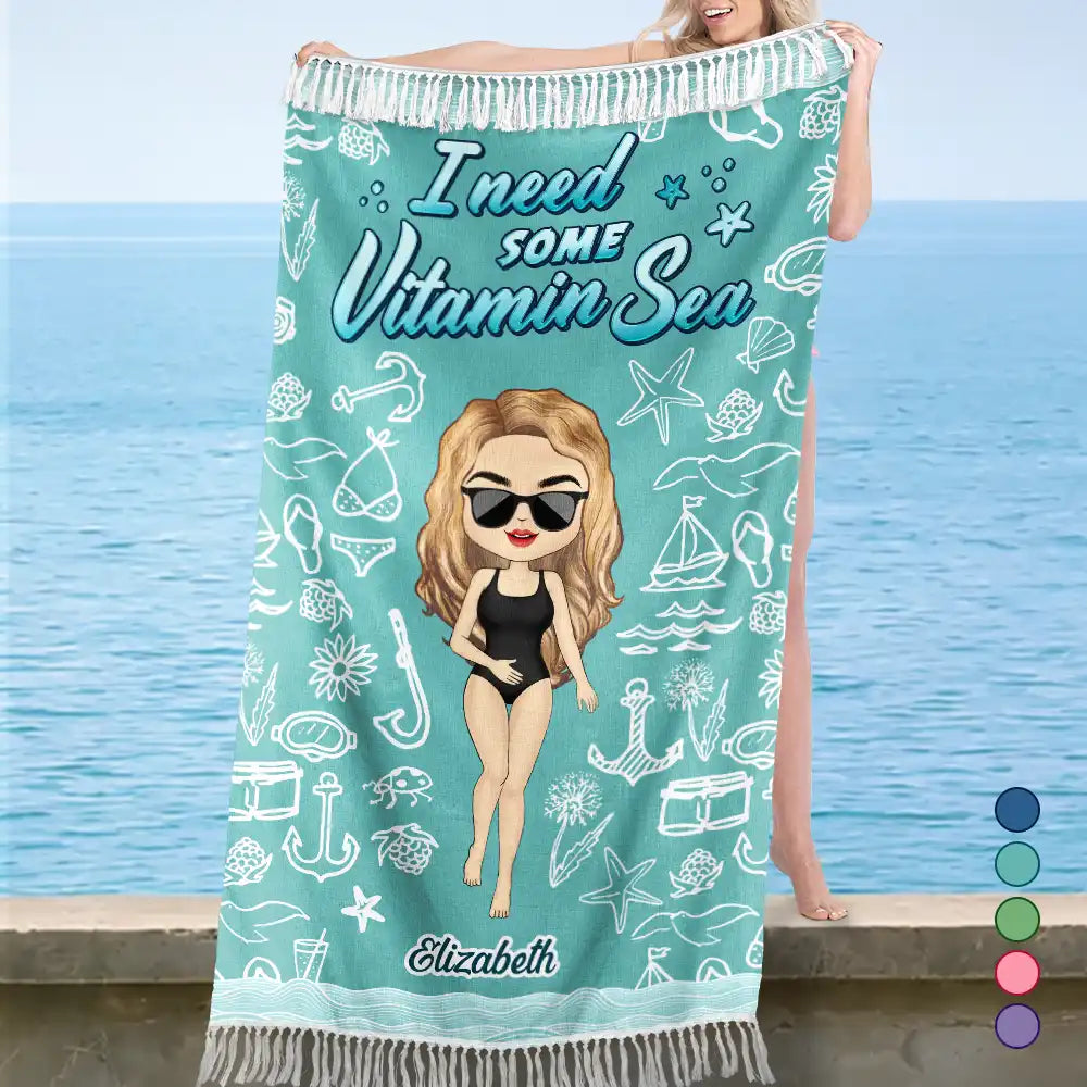 Gift For Women,Gift For Yourself,Summer,Beach,Travel,Happy - I Need Some Vitamin Sea - Personalized Turkish Beach Towel
