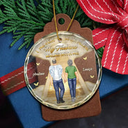 Memorial,Christmas,Sad,Family,Gift For Husband,Gift For Wife,Parents - I Never Walk Alone My Husband Walks With Me - Personalized Circle Glass Ornament