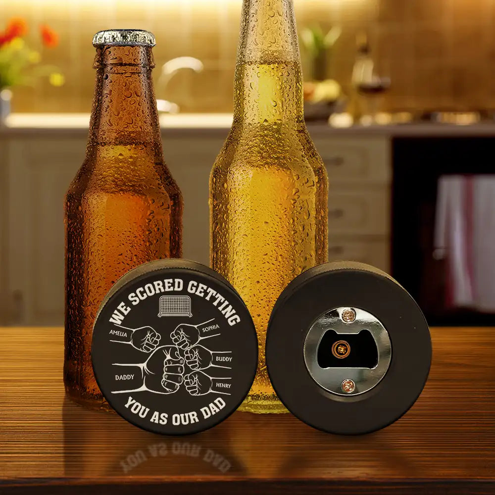 Gift For Father,Sport Dad,Children - I Scored Getting You As My Dad - Personalized Hockey Puck Bottle Opener