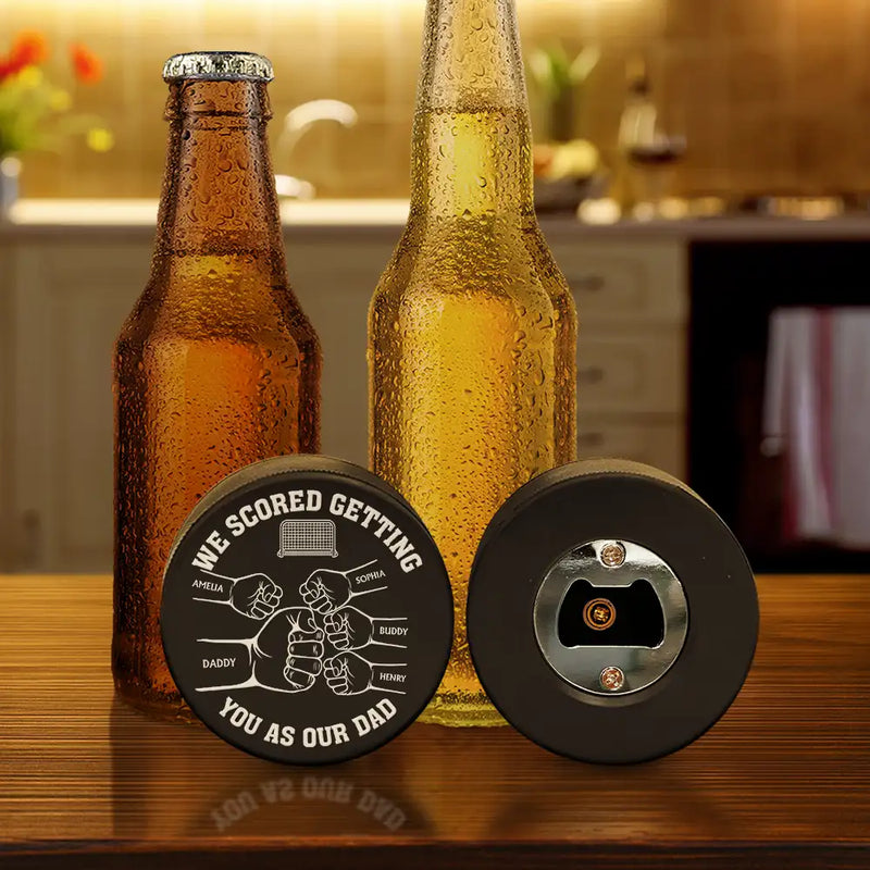 Gift For Father,Sport Dad,Children - I Scored Getting You As My Dad - Personalized Hockey Puck Bottle Opener