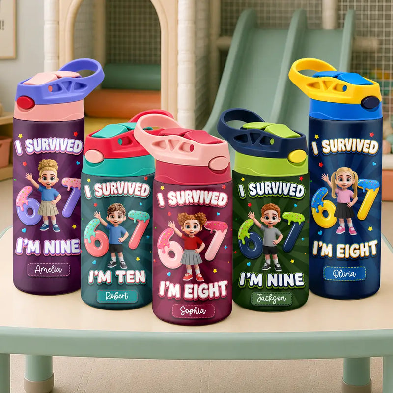 Humorous,Back To School,Gift For Kids,Vector - I Survived Six Seven Funny Slang - Personalized Insulated Water Bottle With Straw