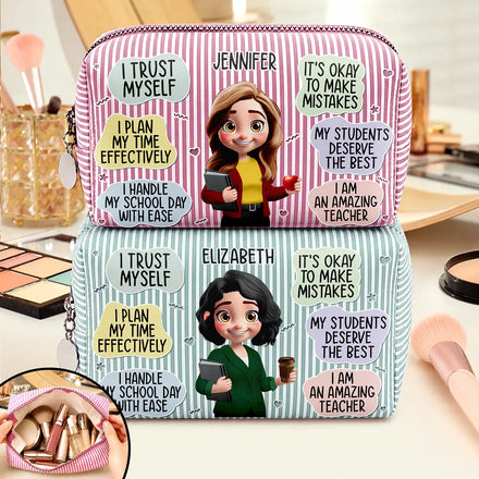 I Trust Myself Teacher Daily Affirmations - Personalized Striped Cosmetic Bag