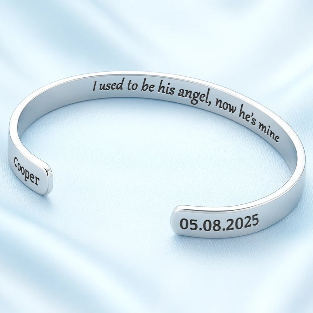 Memorial, Family, Parents, Gift For Grandparents, Sad - I Used To Be His Angel Now He's Mine Memorial - Personalized Bangle Bracelet Cuff