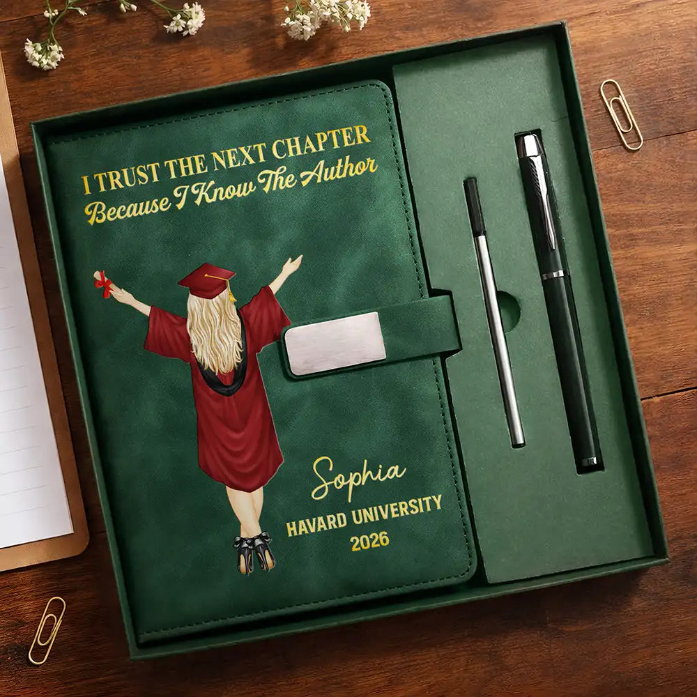 Vector,Graduation,Gift For Women,Gift For Men,Happy - I Trust The Next Chapter - Personalized Leather Notebook Set