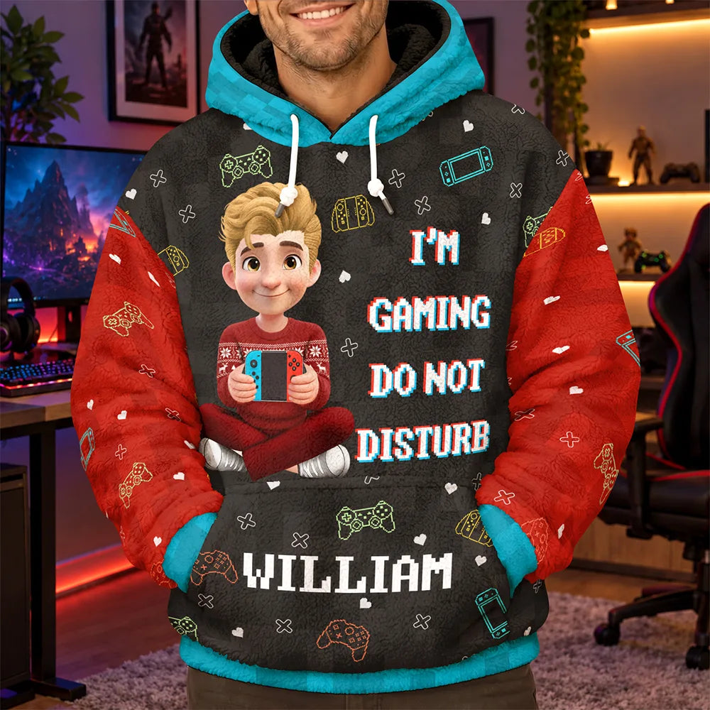 Christmas,Gift For Men,Gaming,Gift For Yourself,Vector,Happy - I'm Gaming Do Not Disturb - Personalized Fleece Hoodie