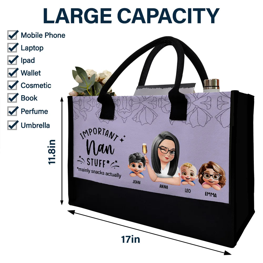 Gift For Grandma,Funny - Important Grandma Stuff Mainly Snacks Actually 3D Effect - Personalized Canvas Tote Bag