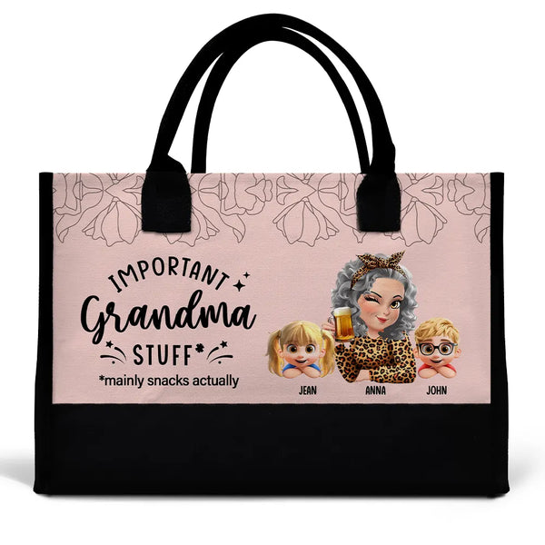 Gift For Grandma,Funny - Important Grandma Stuff Mainly Snacks Actually 3D Effect - Personalized Canvas Tote Bag
