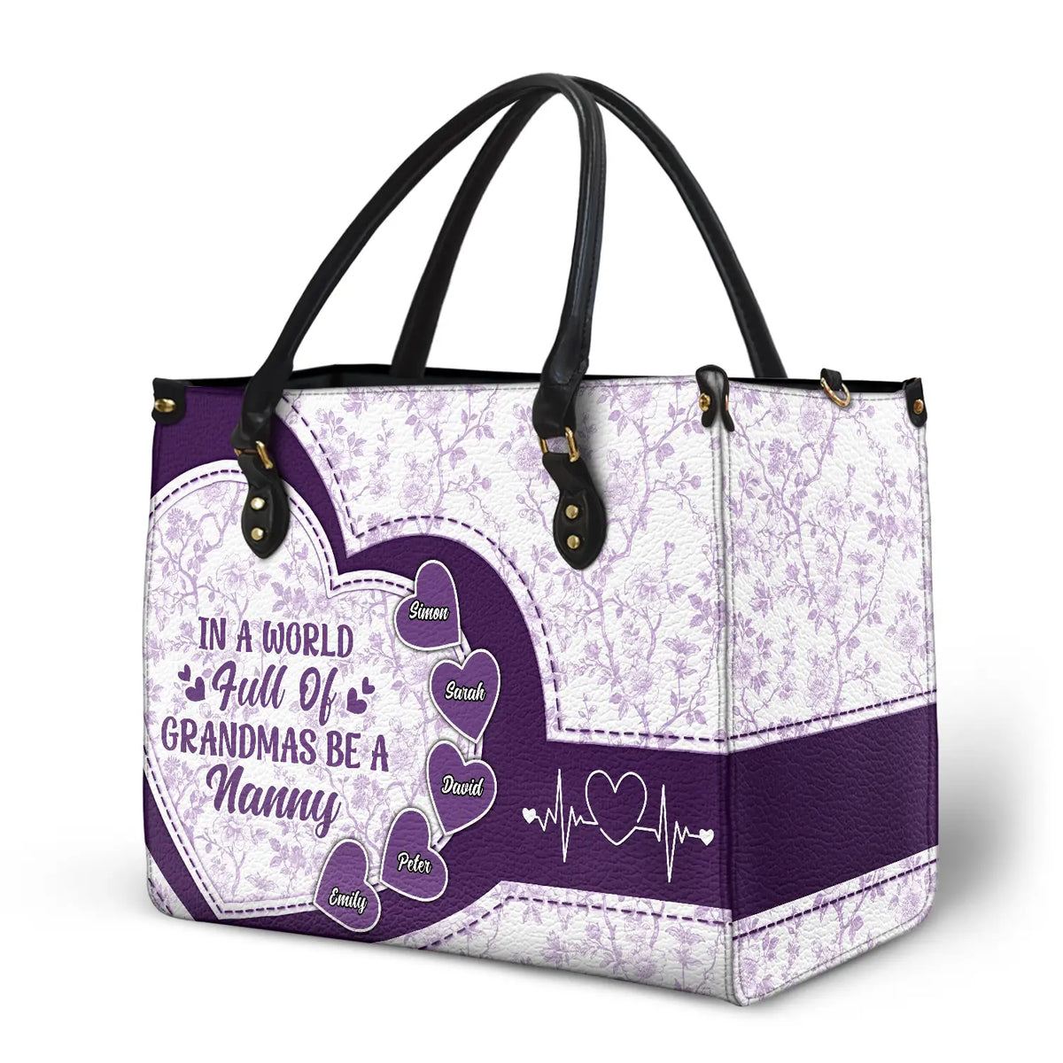 Gift For Grandma,Grandma - Grandkids,Grandma's Hobby,Happy - In The World Full Of Grandmas Toile De Jouy Heart Icon - Personalized Leather Bag