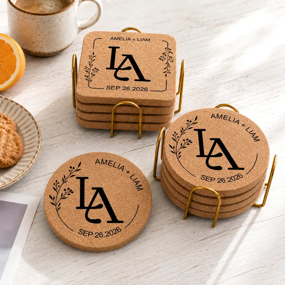 Romantic,Gift For Couples,Wedding,Intertwined Monogram - Intertwined Monogram Wedding Couple Name - Personalized Cork Coaster