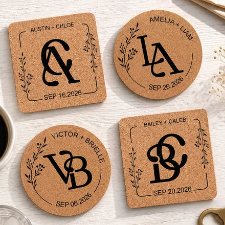 Intertwined Monogram Wedding Couple Name - Personalized Cork Coaster