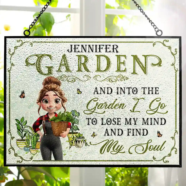 Gardening,Gift For Women,Love - Into The Garden I Go 3D Effect Gardening Woman - Personalized Horizontal Stained Glass Suncatcher