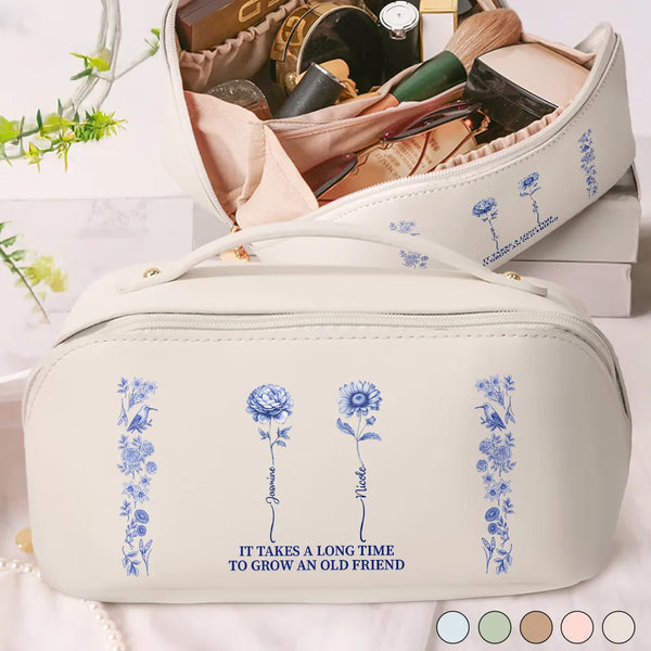Gift For Bestie,Old Best friends,Happy - It Takes A Long Times To Grow An Old Best Friends Toile De Jouy Pattern - Personalized Leather Makeup Bag