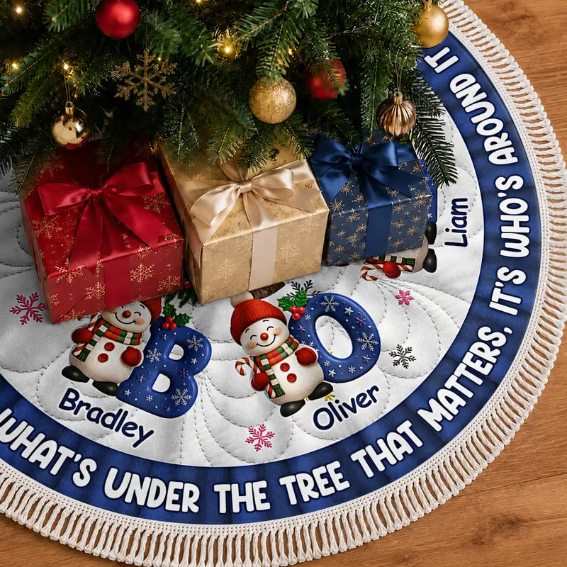 Christmas,Family,Icon,Happy - It's Not What's Under The Tree That Matters Snowmans - Personalized Tree Skirt