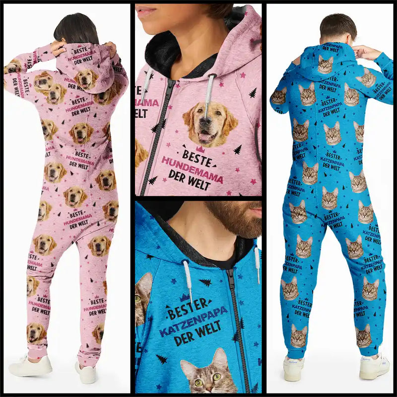 Dog Lovers,Dog Mom,Dog Dad,Dog Couple,Cat Lovers,Cat Mom,Cat Dad,Cat Couple,Pet Lovers,Pet Mom,Pet Dad,Pet Couple - Eigenes Foto Hundebesitzer Und Katzenliebhaber - Personalisierter Unisex-Jumpsuit Mit Kapuze