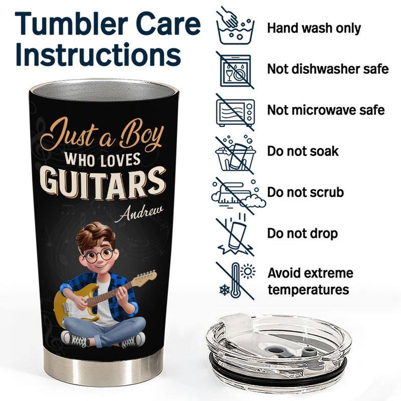 Gift For Women,Gift For Men,Gift For Yourself,Happy,Guitar - Just A Boy Who Loves Guitars - Personalized Tumbler