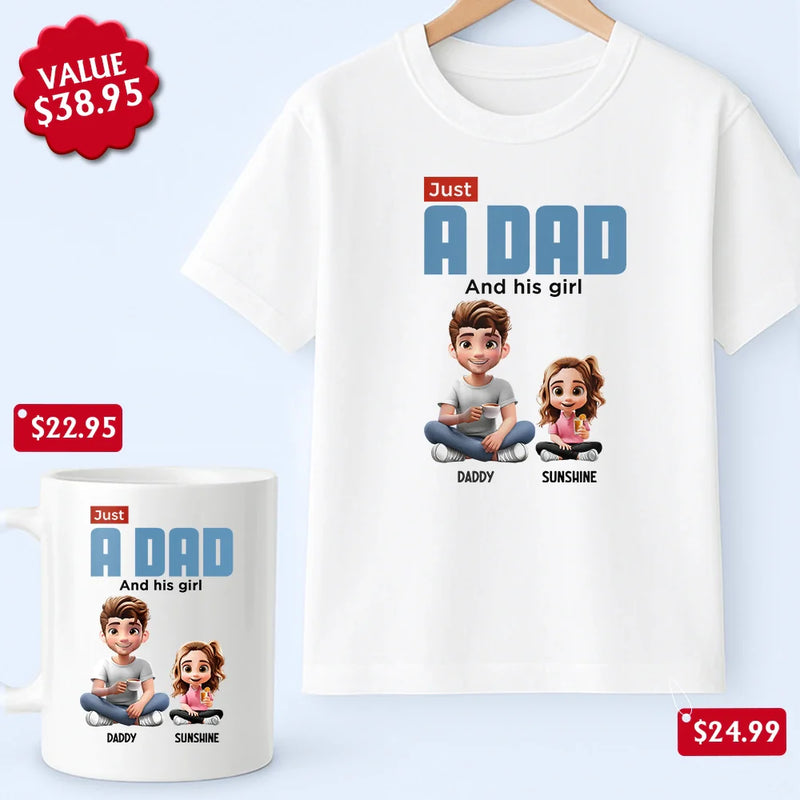 Gift For Father, Happy - Just A Dad And His Girl 3D Cartoon - Personalized Father's Day Gift Set