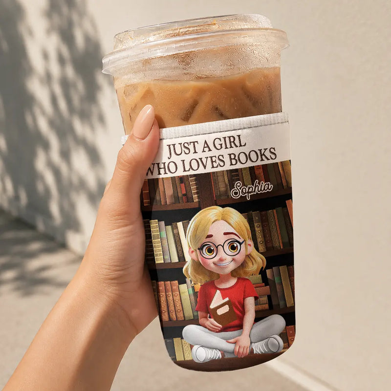 Christmas,Cozy,Reading,Gift For Yourself,Vector - Just A Girl Who Loves Books - Personalized Iced Coffee Sleeve