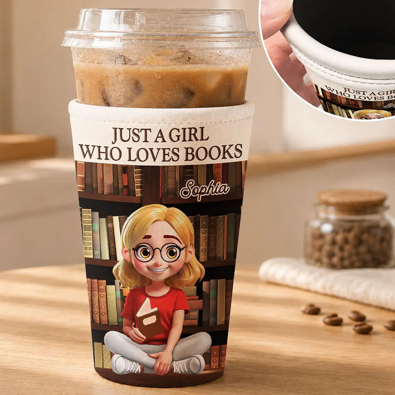 Christmas,Cozy,Reading,Gift For Yourself,Vector - Just A Girl Who Loves Books - Personalized Iced Coffee Sleeve