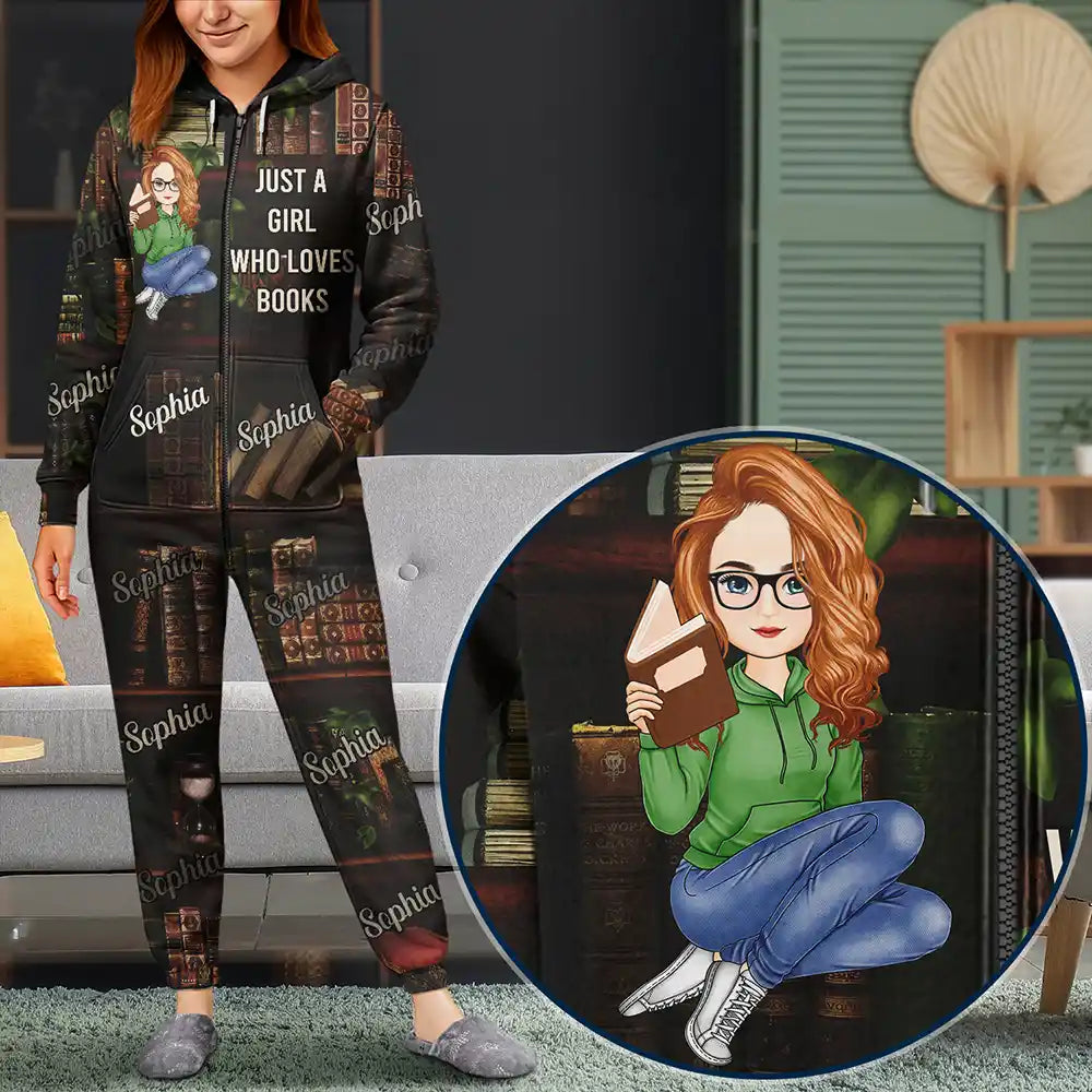 Just A Girl Who Loves Books - Personalized Overall Onesie Hooded Jumpsuit