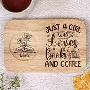Gift For Yourself,Gift For Women,Gift For Men,Happy,Reading - Just A Girl Who Loves Books And Coffee - Personalized Serving Board With Cup Holder