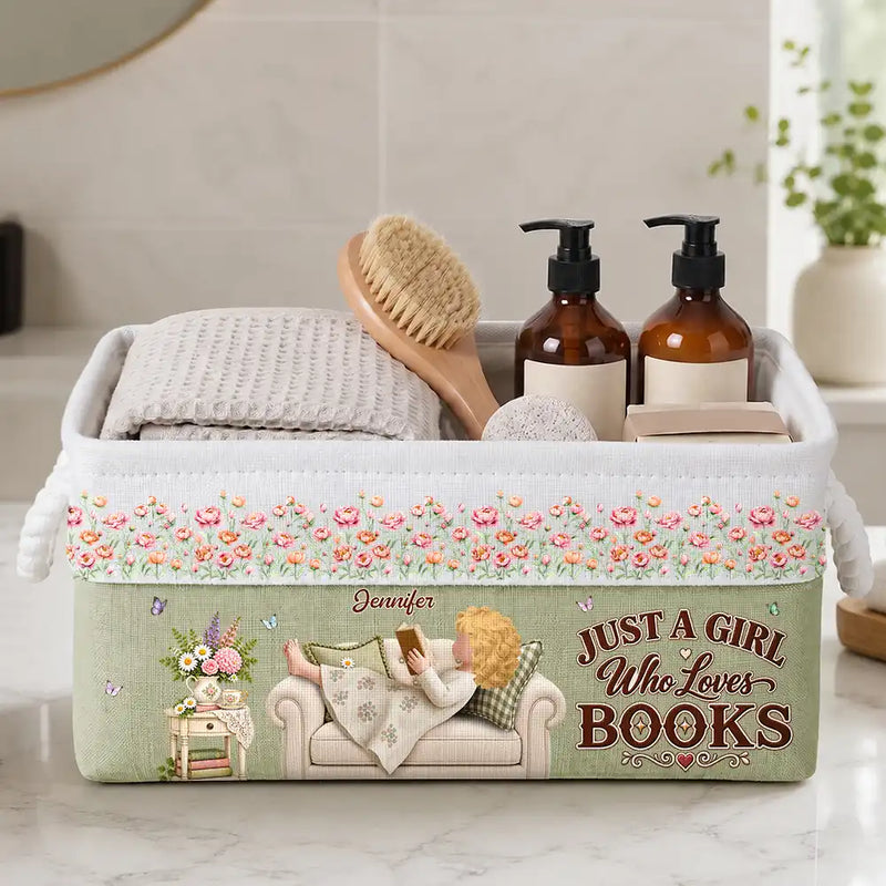 Confident,Reading,Gift For Yourself,Gift For Women,Vector - Just A Girl Who Loves Books Birth Flower - Personalized Storage Basket