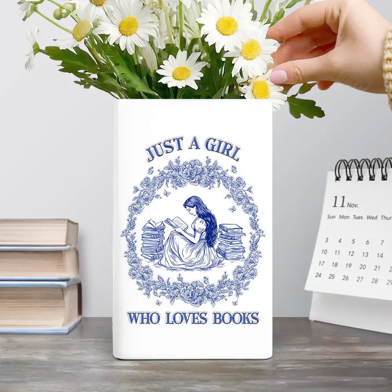 Gift For Yourself, Gift For Women, Reading, Happy - Just A Girl Who Loves Books Chinoiserie Toile 3D Inflated Effect - Personalized Ceramic Book Vase