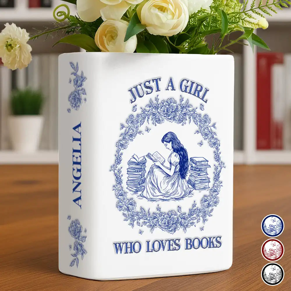 Gift For Yourself, Gift For Women, Reading, Happy - Just A Girl Who Loves Books Chinoiserie Toile 3D Inflated Effect - Personalized Ceramic Book Vase