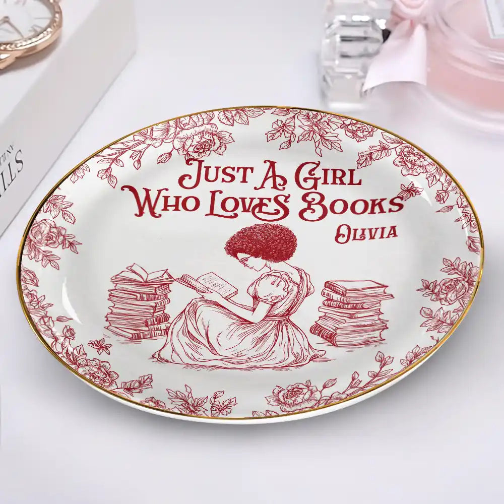 Reading, Gift For Yourself, Gift For Women, Happy - Just A Girl Who Loves Books Toile De Jouy Pattern - Personalized Round Ring Dish