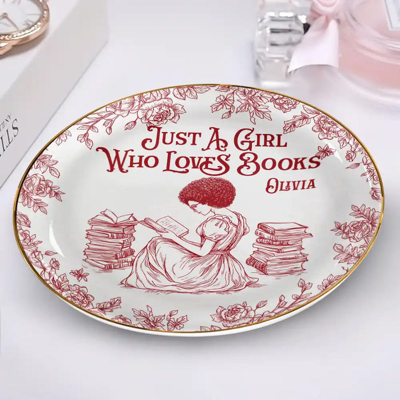 Reading, Gift For Yourself, Gift For Women, Happy - Just A Girl Who Loves Books Toile De Jouy Pattern - Personalized Round Ring Dish