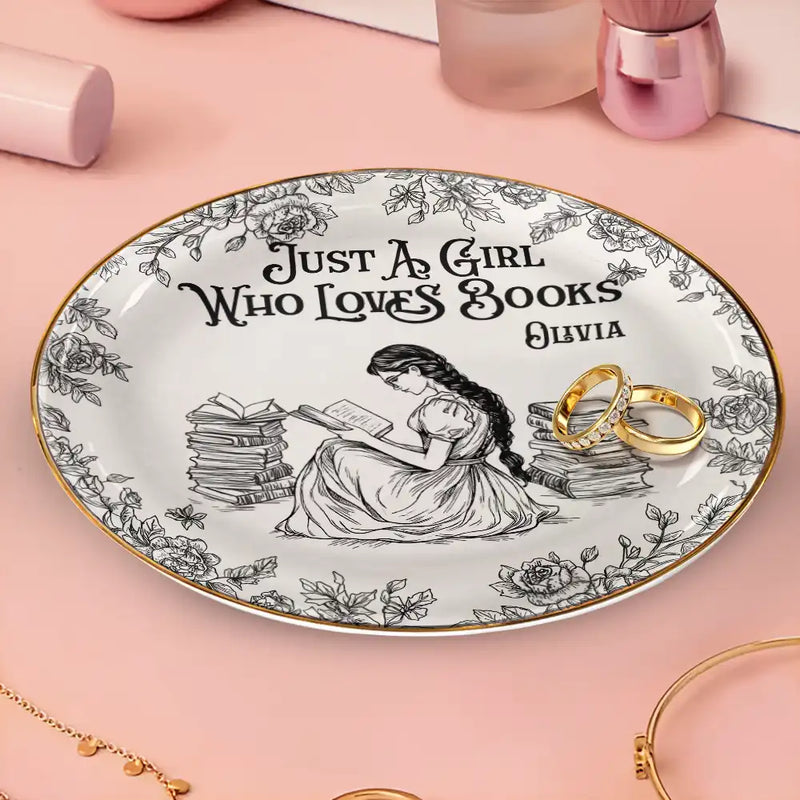 Reading, Gift For Yourself, Gift For Women, Happy - Just A Girl Who Loves Books Toile De Jouy Pattern - Personalized Round Ring Dish
