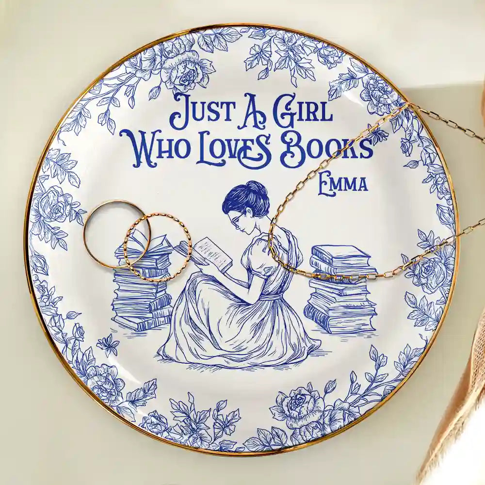Reading, Gift For Yourself, Gift For Women, Happy - Just A Girl Who Loves Books Toile De Jouy Pattern - Personalized Round Ring Dish
