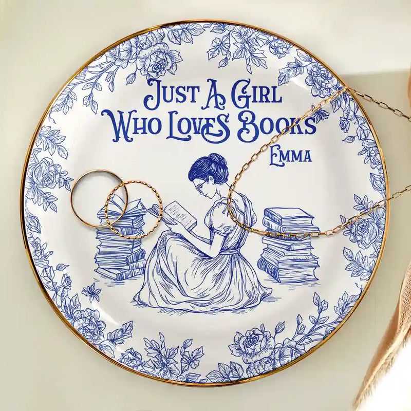Reading, Gift For Yourself, Gift For Women, Happy - Just A Girl Who Loves Books Toile De Jouy Pattern - Personalized Round Ring Dish