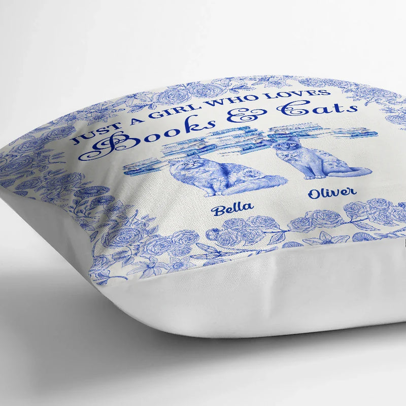 Reading,Cat Mom,Cat Lovers,Dog Lovers,Happy - Just A Girl Who Loves Books & Pets Toile De Jouy Pattern - Personalized Pillow