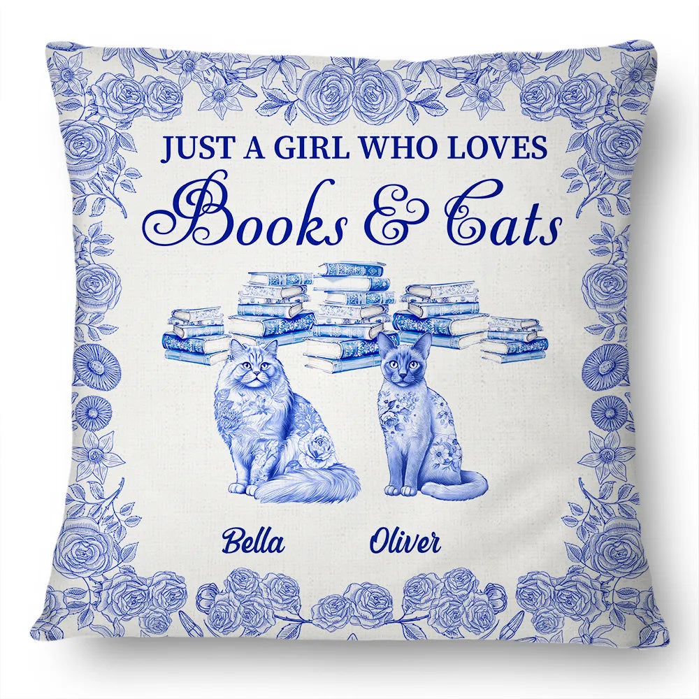 Reading,Cat Mom,Cat Lovers,Dog Lovers,Happy - Just A Girl Who Loves Books & Pets Toile De Jouy Pattern - Personalized Pillow