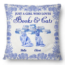 Reading,Cat Mom,Cat Lovers,Dog Lovers,Happy - Just A Girl Who Loves Books & Pets Toile De Jouy Pattern - Personalized Pillow