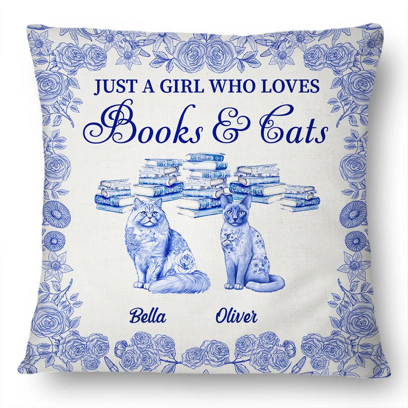 Reading,Cat Mom,Cat Lovers,Dog Lovers,Happy - Just A Girl Who Loves Books & Pets Toile De Jouy Pattern - Personalized Pillow