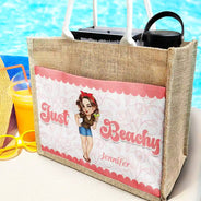 Gift For Yourself, Gift For Women, Summer, Beach, Happy - Just Beachy - Personalized Jute Tote Bag