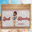 Gift For Yourself, Gift For Women, Summer, Beach, Happy - Just Beachy - Personalized Jute Tote Bag