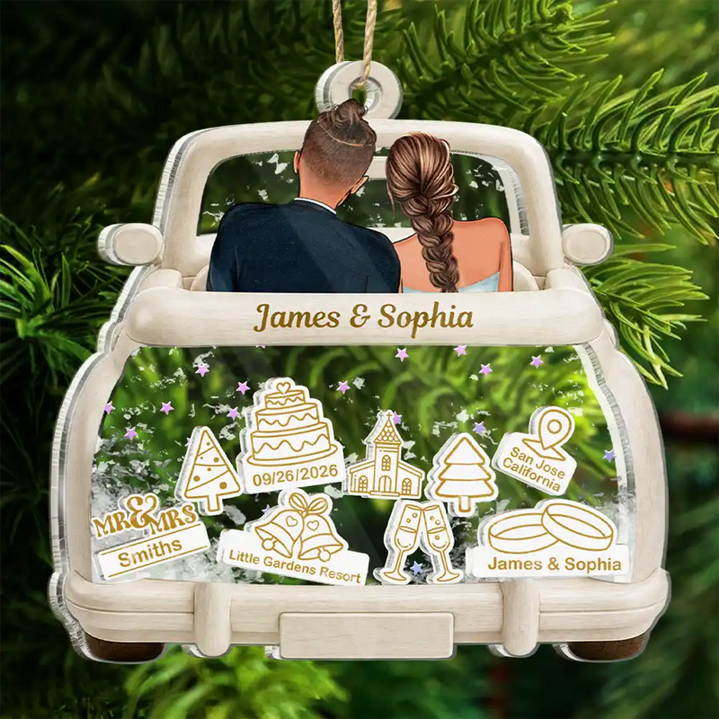 Christmas,Married Couple,Romantic,Gift For Couples,Icon - Just Married Wedding Couple - Personalized 3-Layered Acrylic Shaker Ornament