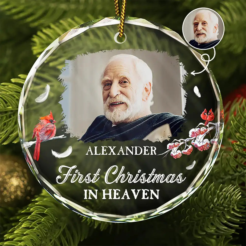 Custom Photo First Christmas In Heaven - Personalized Circle Glass Ornament