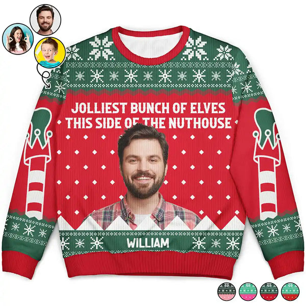 Gift For Couples, Gift For Mother, Gift For Father, Gift For Kids, Family, Parents - Custom Photo Jolliest Bunch Of Elves - Personalized Unisex Ugly Sweater