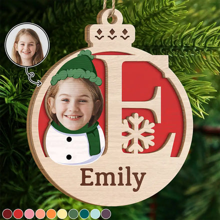 Custom Photo Christmas Snowman Monogram - Personalized 2-Layered Wooden Ornament