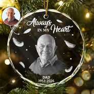 Memorial, Family - Custom Photo Memorial Always In Our Heart - Personalized Glass Ornament