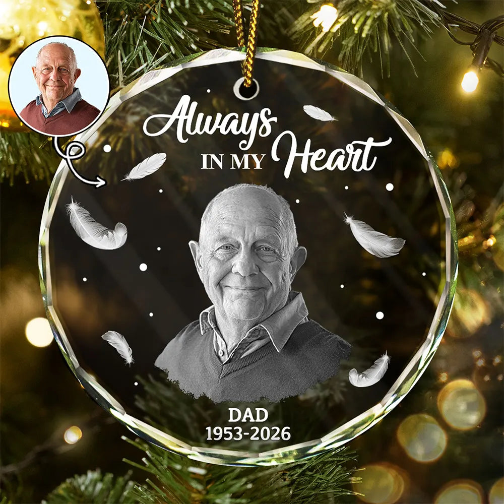 Memorial, Family - Custom Photo Memorial Always In Our Heart - Personalized Glass Ornament