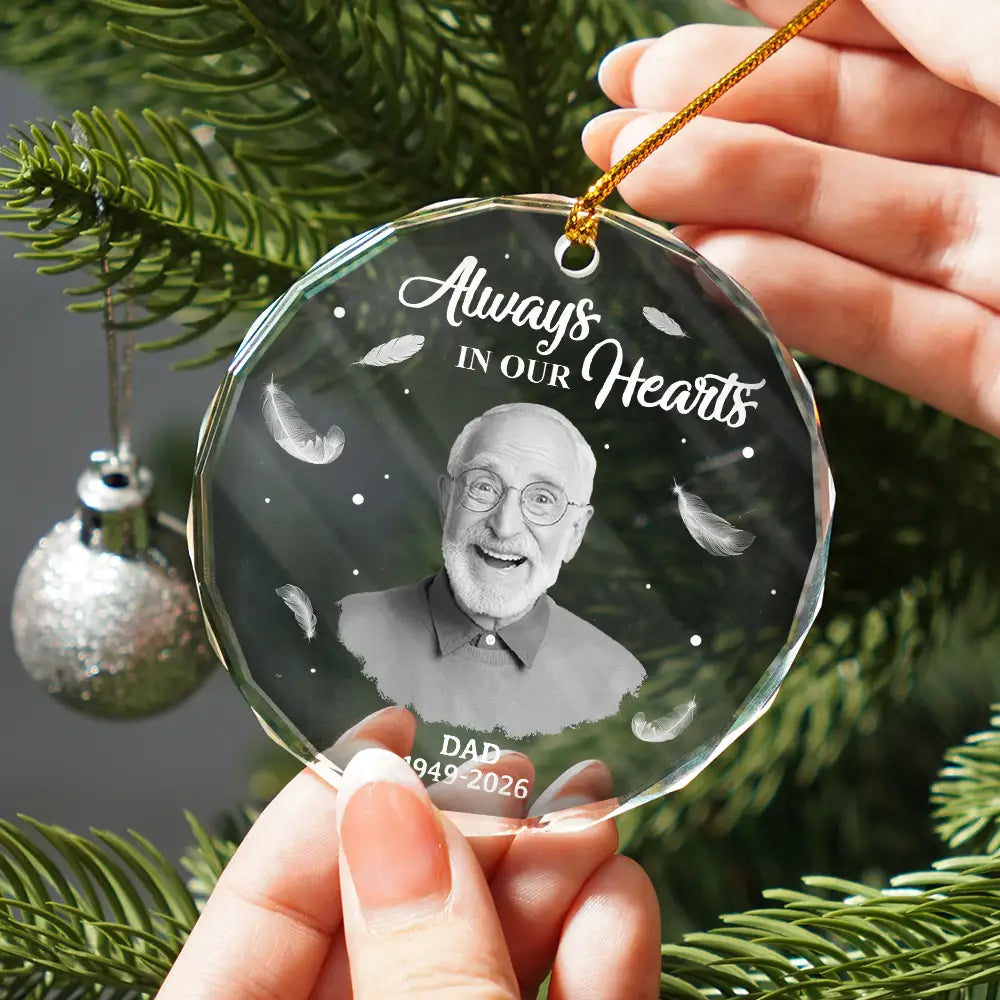 Memorial, Family - Custom Photo Memorial Always In Our Heart - Personalized Glass Ornament