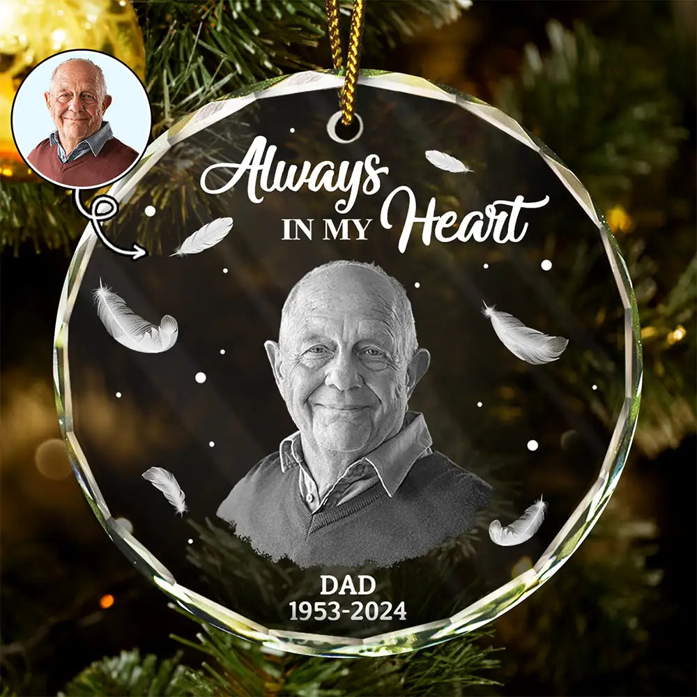 Memorial, Family - Custom Photo Memorial Always In Our Heart - Personalized Glass Ornament